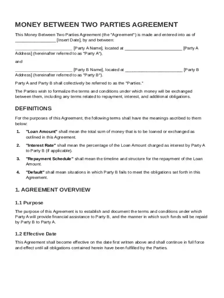 Money Between Two Parties Agreement Template Preview on Page 1