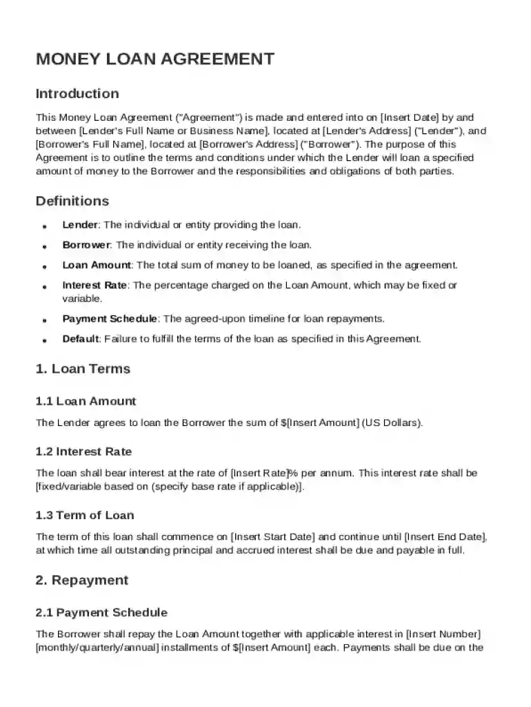 Money Loan Agreement Template Preview on Page 1