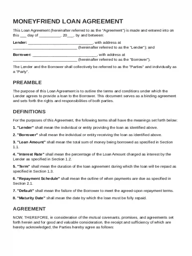 Moneyfriend Loan Agreement Template Preview on Page 1