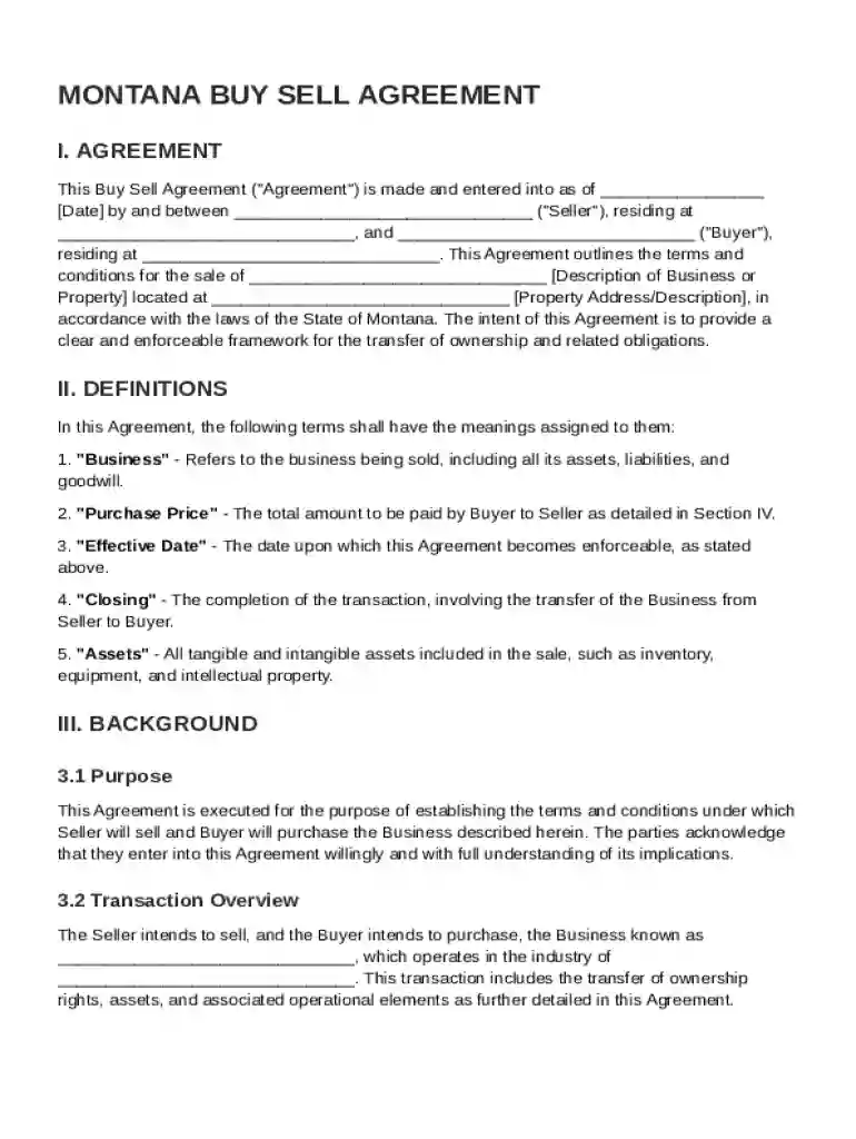 Montana Buy Sell Agreement Template Preview on Page 1