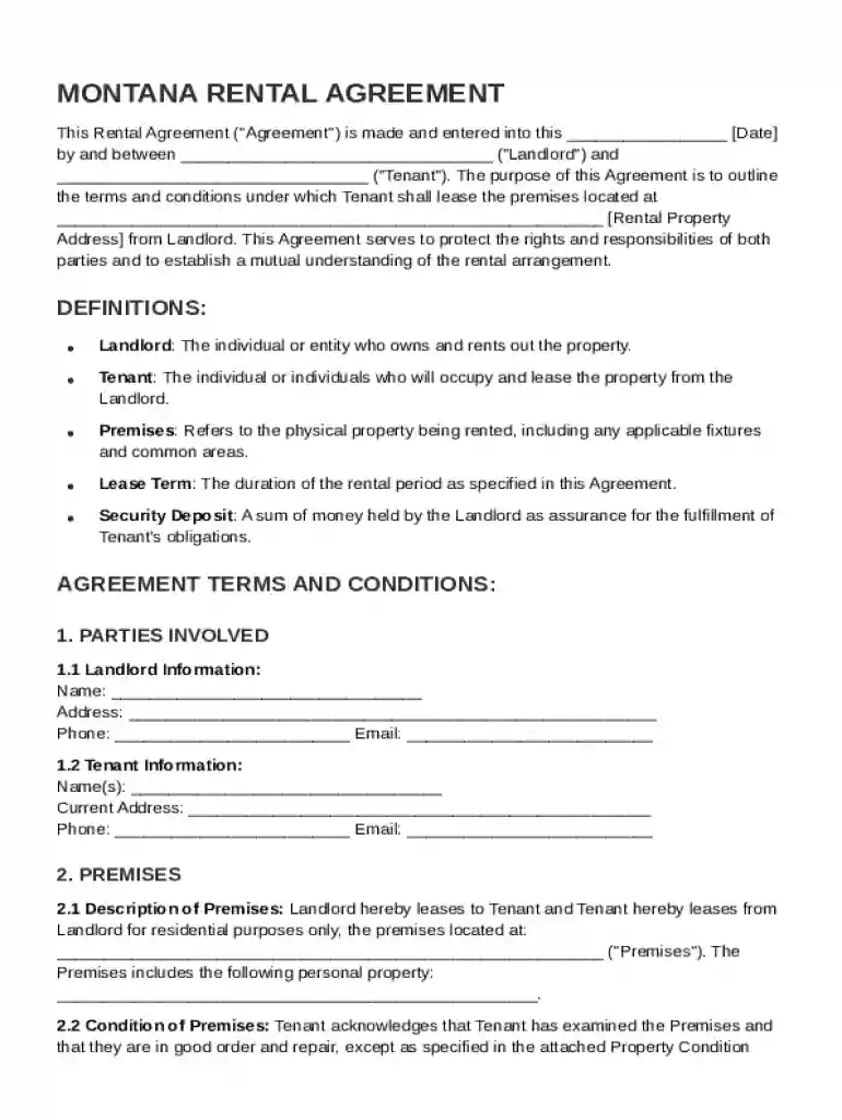 Montana Rental Agreement Template Preview on Page 1