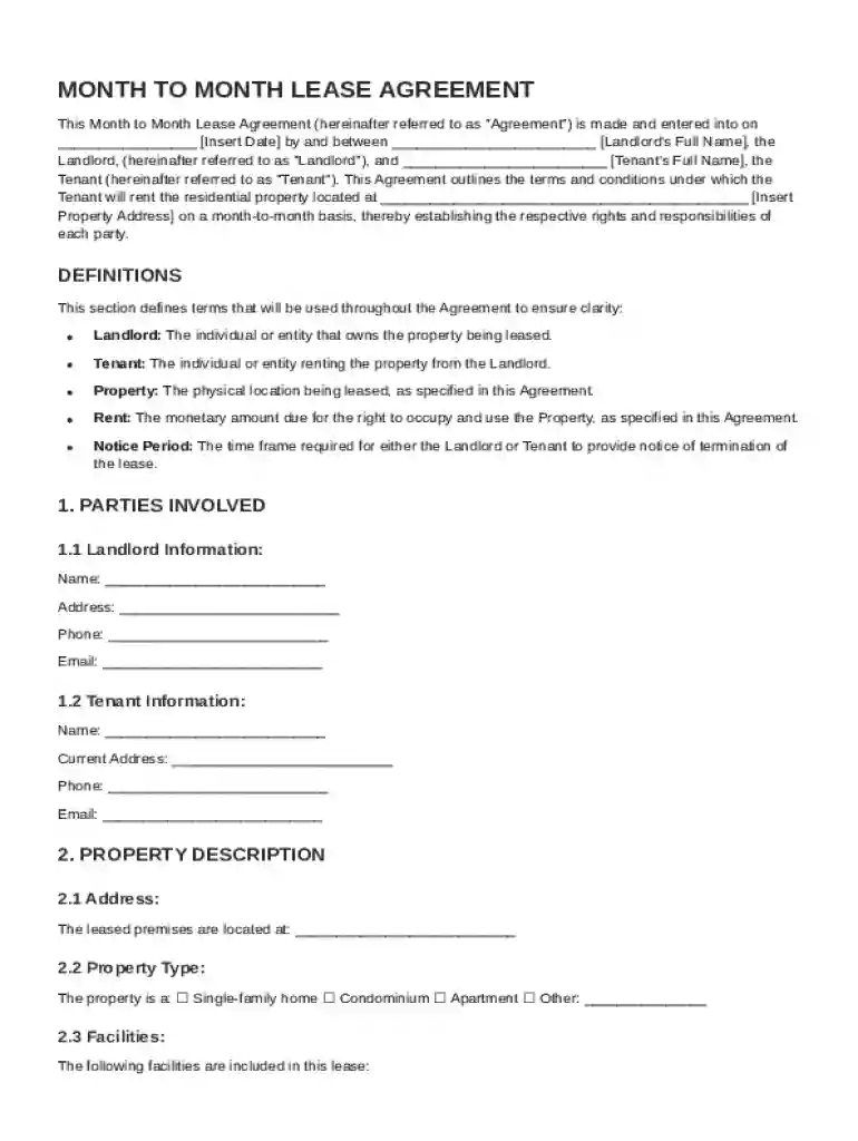 Month to Month Lease Agreement Template Preview on Page 1