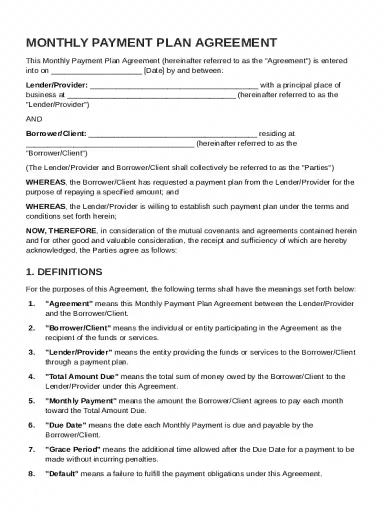 Monthly Payment Plan Agreement Template Preview on Page 1