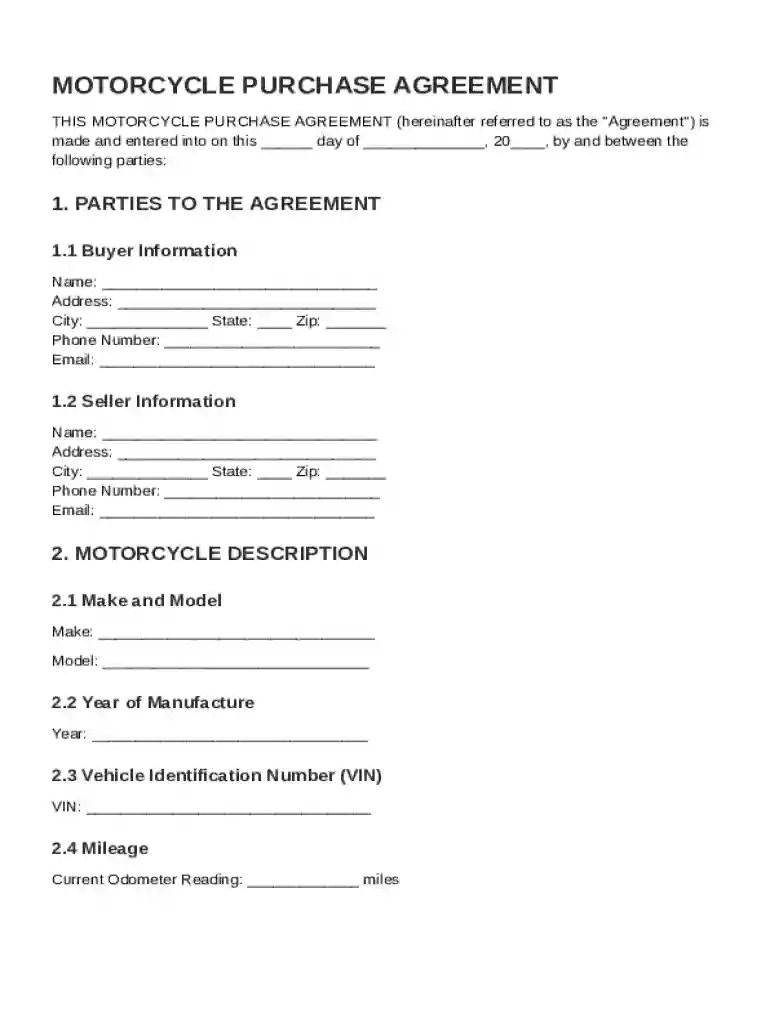 Motorcycle Purchase Agreement Template Preview on Page 1