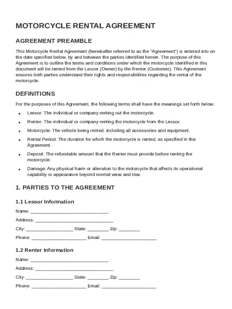Motorcycle Rental Agreement Template Preview on Page 1