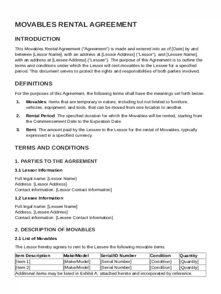 Movables Rental Agreement Template Preview on Page 1