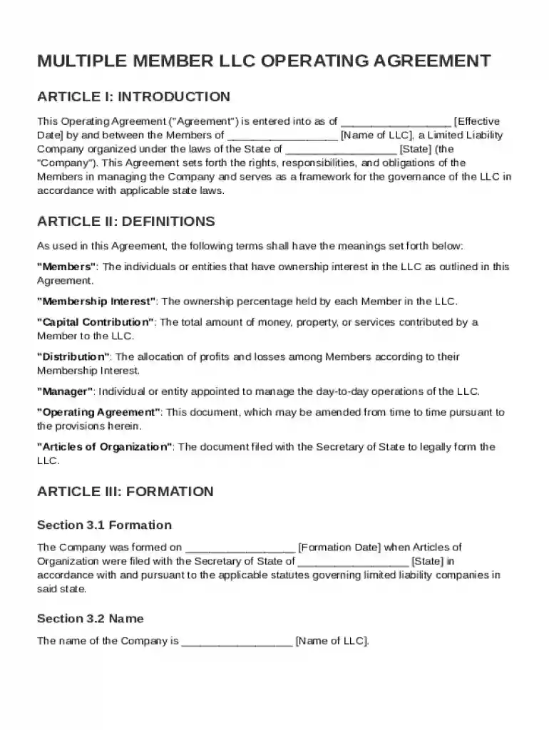 Multiple Member LLC Operating Agreement Template Preview on Page 1