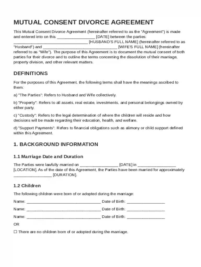 Mutual Consent Divorce Agreement Template Preview on Page 1