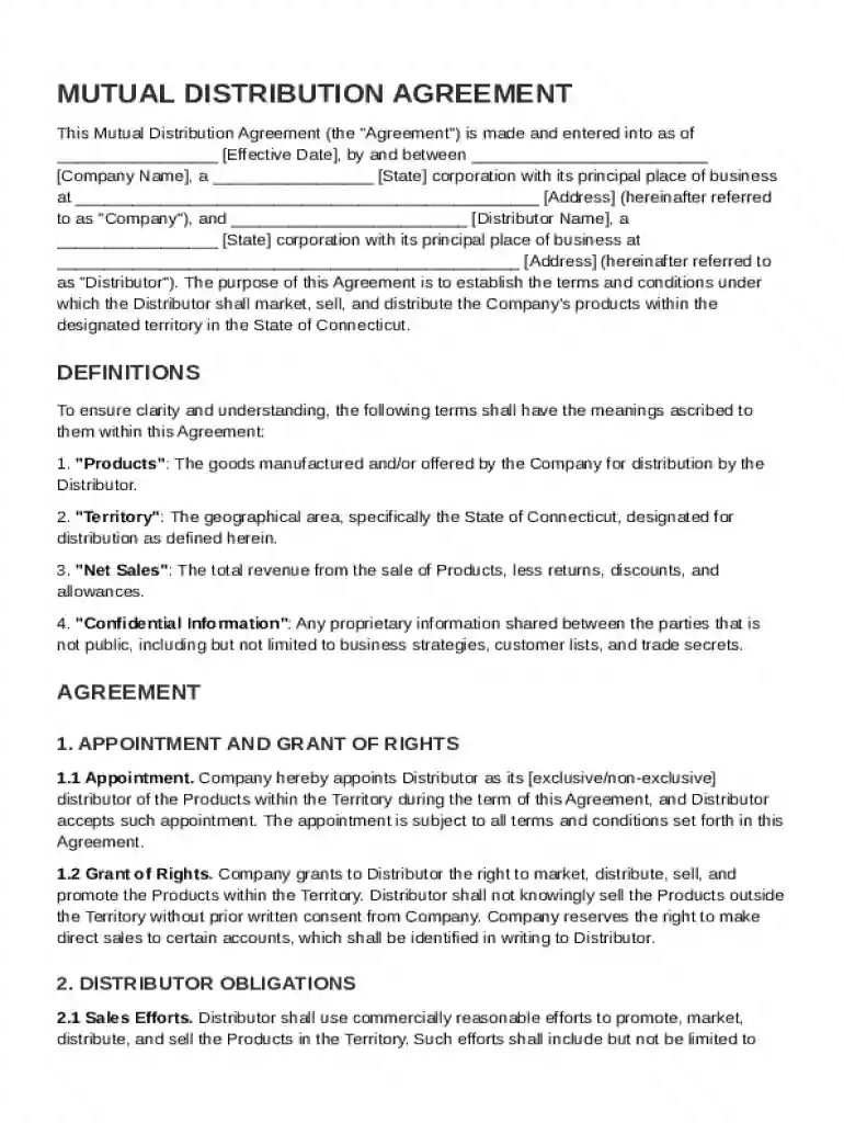 Mutual Distribution Connecticut Agreement Template Preview on Page 1