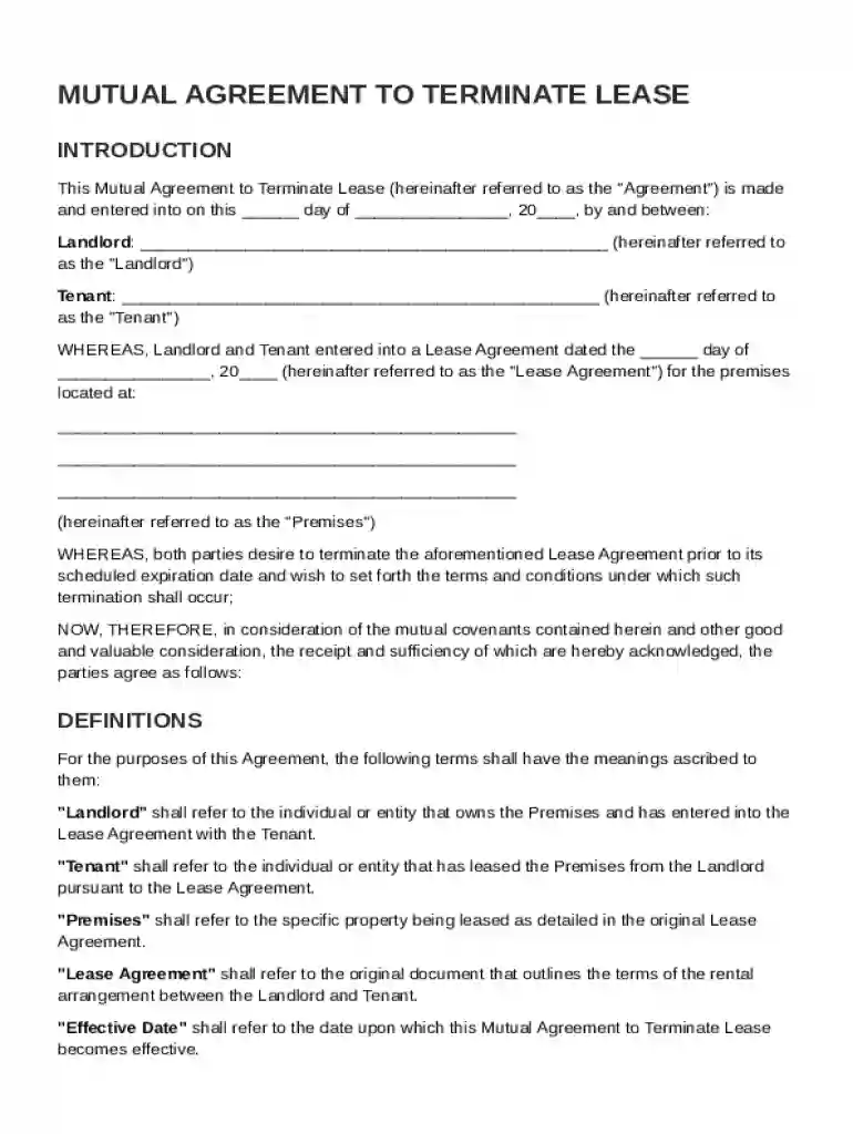 Mutual to Terminate Lease Agreement Template Preview on Page 1
