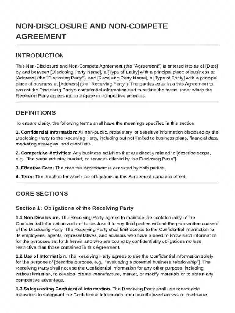 NDA and Non Compete Agreement Template Preview on Page 1