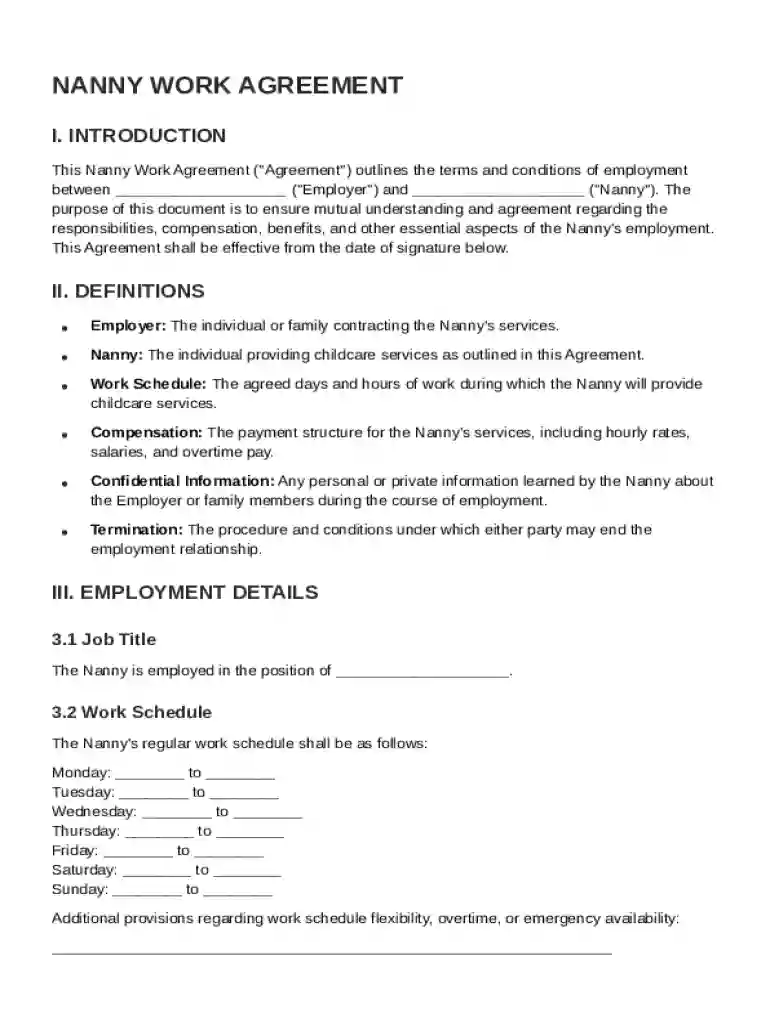 Nanny Work Agreement Template Preview on Page 1
