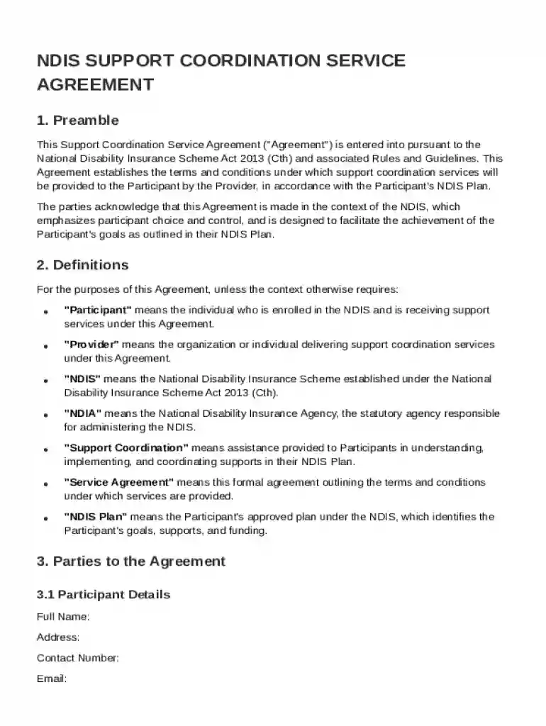 Ndis Support Coordination Service Agreement Template Preview on Page 1