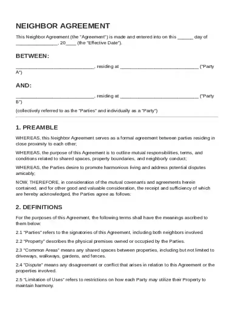 Neighbor Agreement Template Preview on Page 1