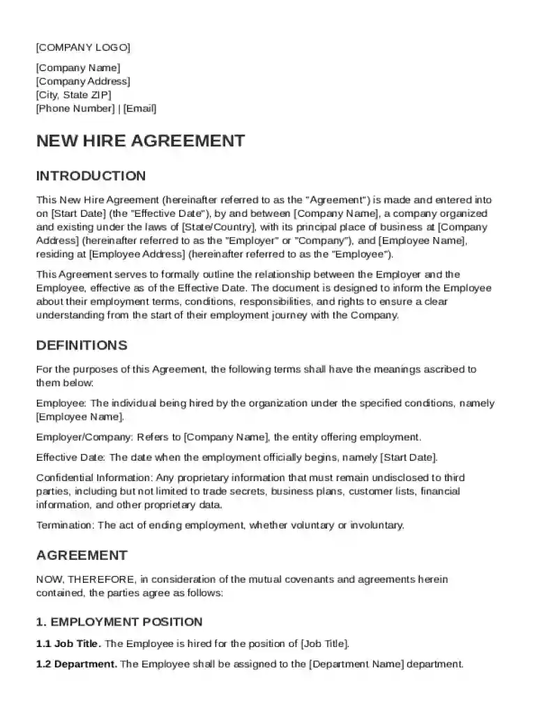 New Hire Agreement Template Preview on Page 1