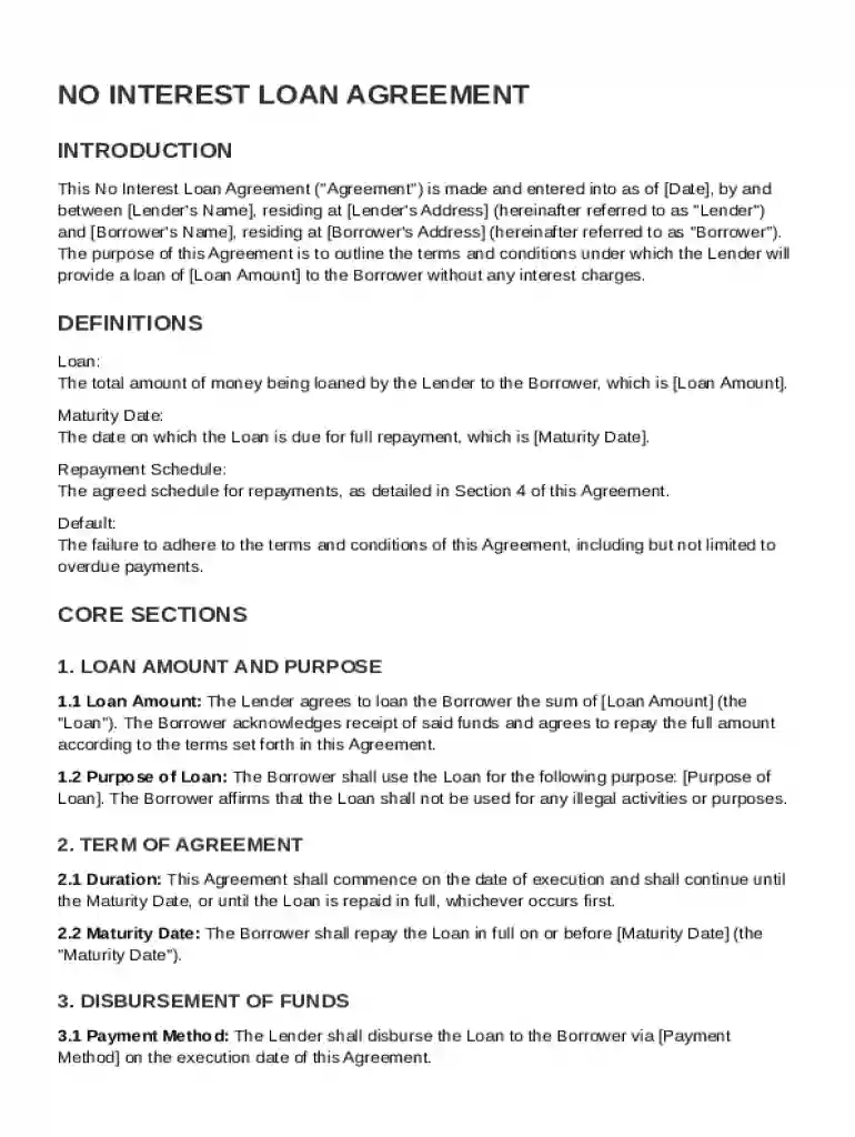 No Interest Loan Agreement Template Preview on Page 1