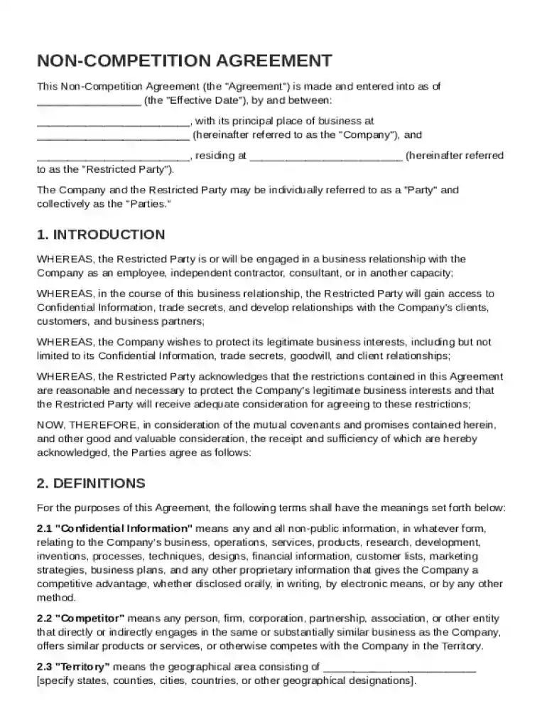 Non Competition Agreement Template Preview on Page 1