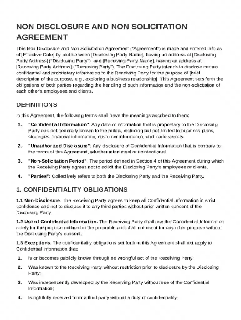 Non Disclosure and Non Solicitation Agreement Template Preview on Page 1