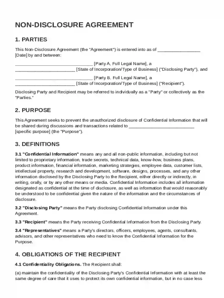 Non Disclosure for Business Agreement Template Preview on Page 1