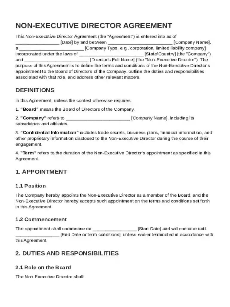 Non Executive Director Agreement Template Preview on Page 1