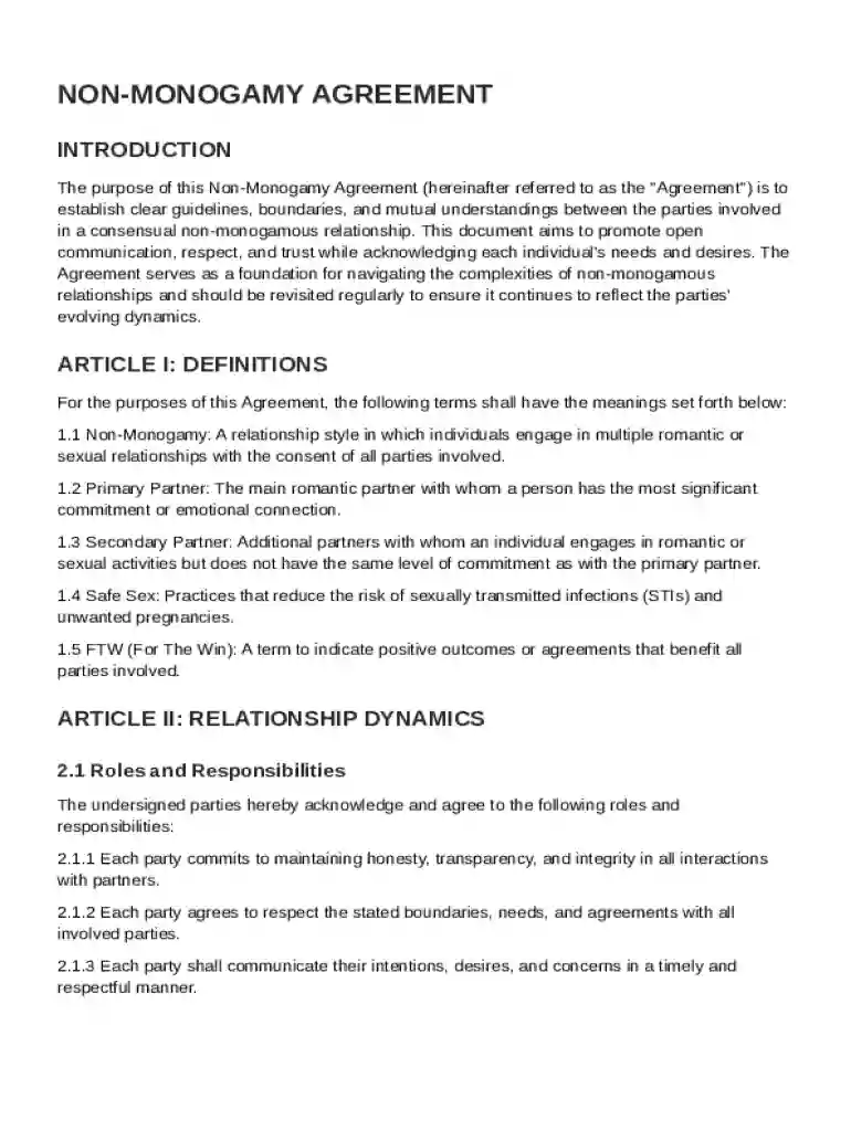 Non Monogamy Agreement Template Preview on Page 1