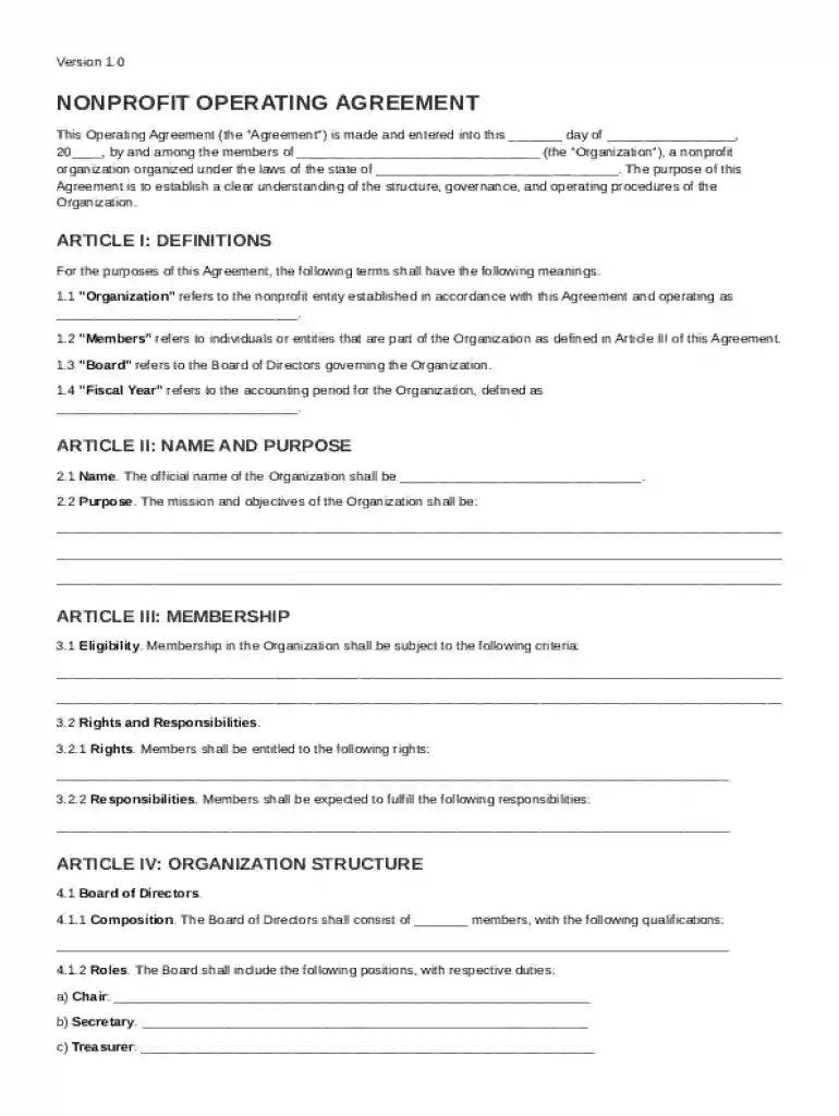 Nonprofit Operating Agreement Template Preview on Page 1