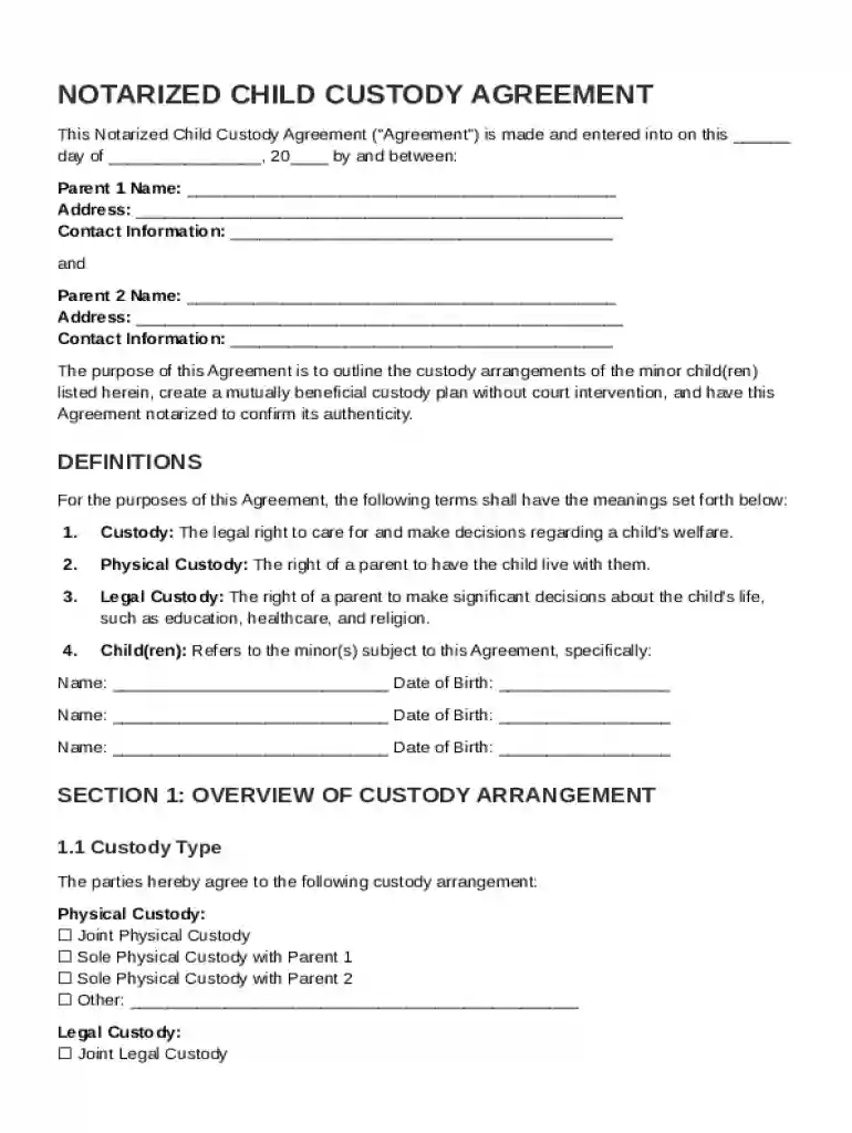 Notarized Child Custody Without Court Agreement Template Preview on Page 1