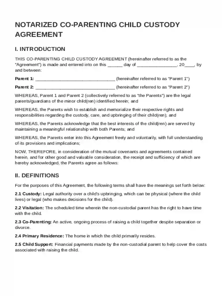 Notarized Co Parenting Child Custody Agreement Template Preview on Page 1