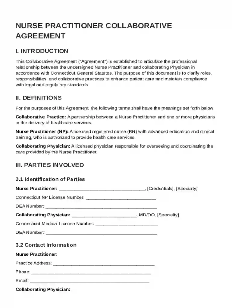 Nurse Practitioner Collaborative Connecticut Agreement Template Preview on Page 1