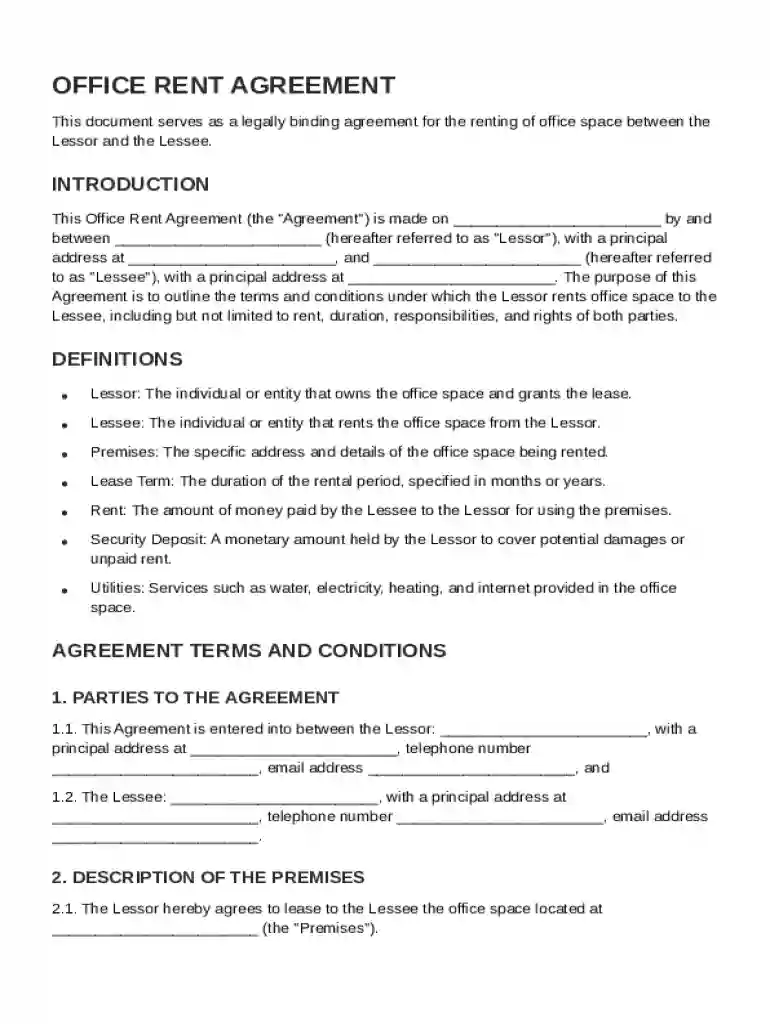 Office Rent Agreement Template Preview on Page 1