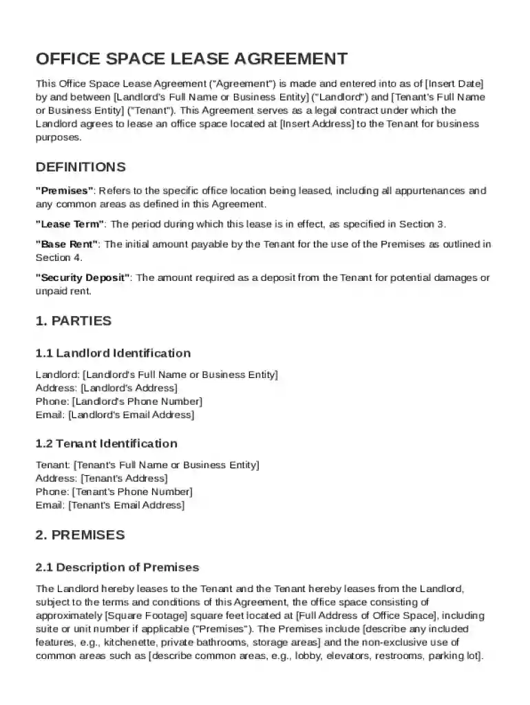 Office Space Lease Agreement Template Preview on Page 1
