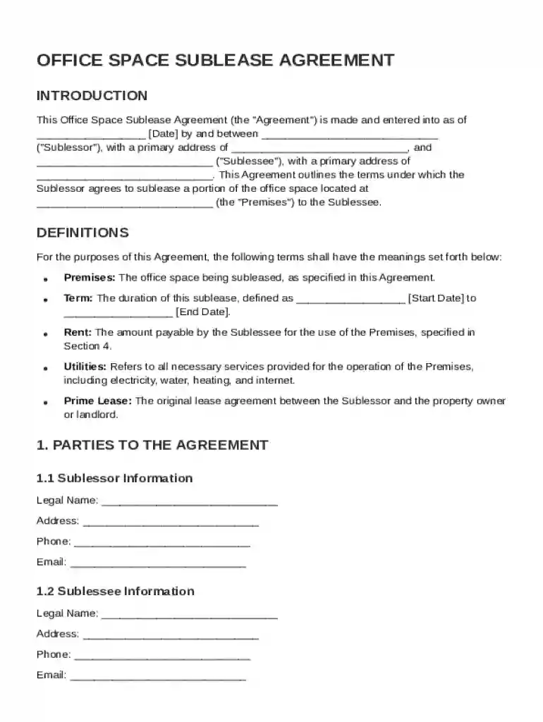 Office Space Sublease Agreement Template Preview on Page 1