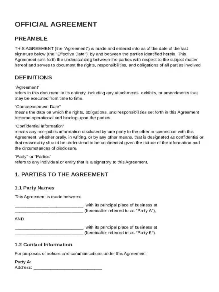 Official Agreement Template Preview on Page 1