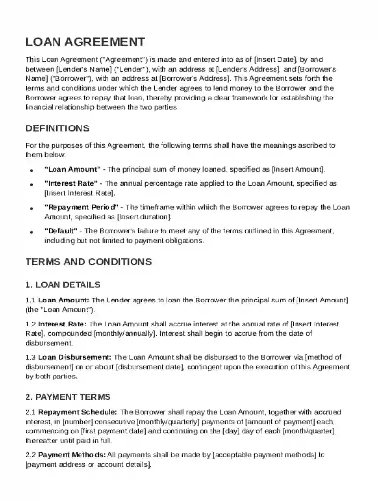 One Page Loan Agreement Template Preview on Page 1