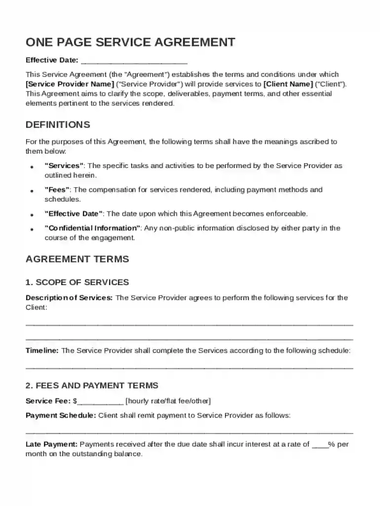 One Page Service Agreement Template Preview on Page 1