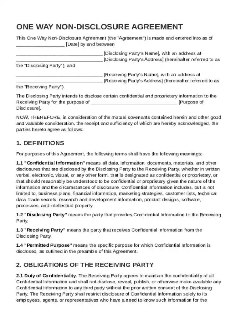 One Way Non Disclosure Agreement Template Preview on Page 1