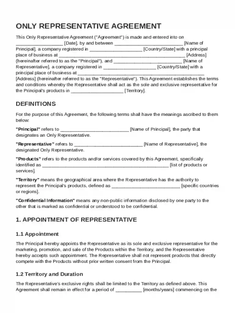 Only Representative Agreement Template Preview on Page 1