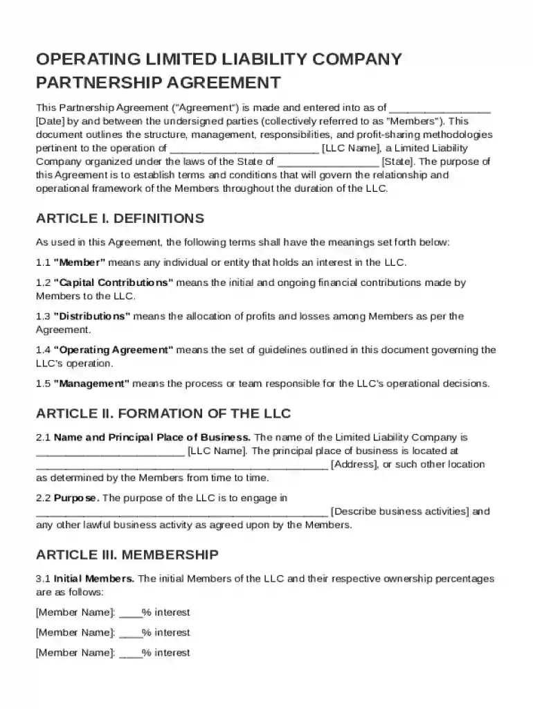 Operating LLC Partnership Agreement Template Preview on Page 1