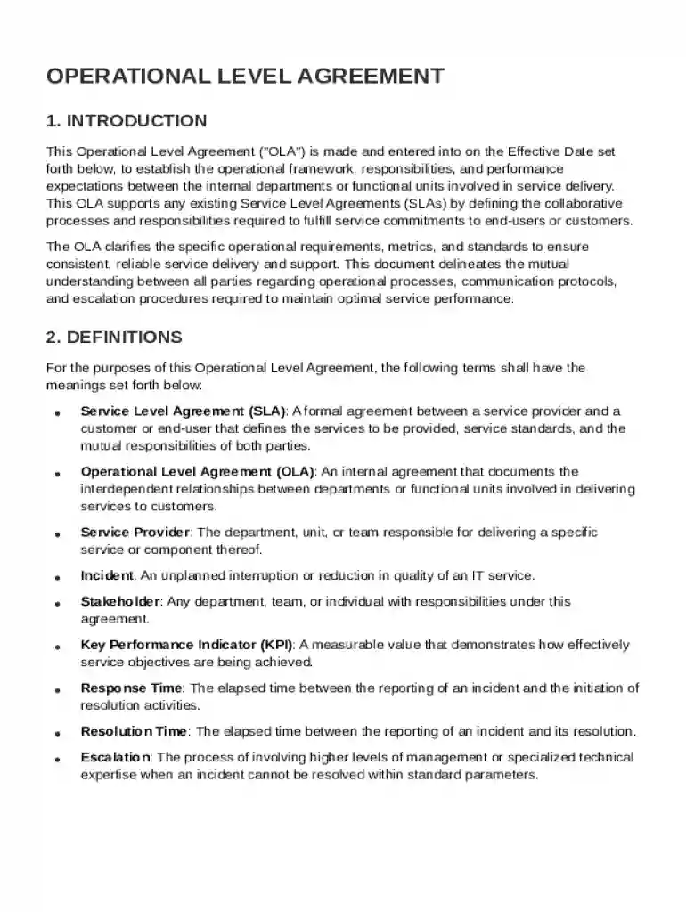 Operational Level Agreement Template Preview on Page 1
