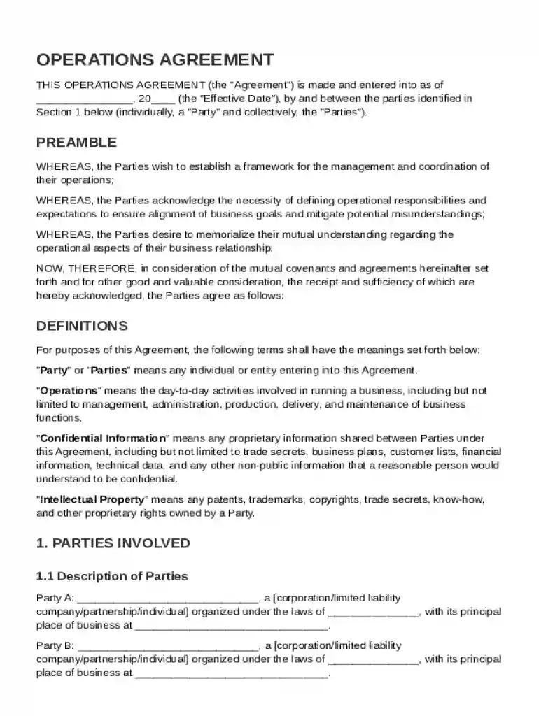 Operations Agreement Template Preview on Page 1