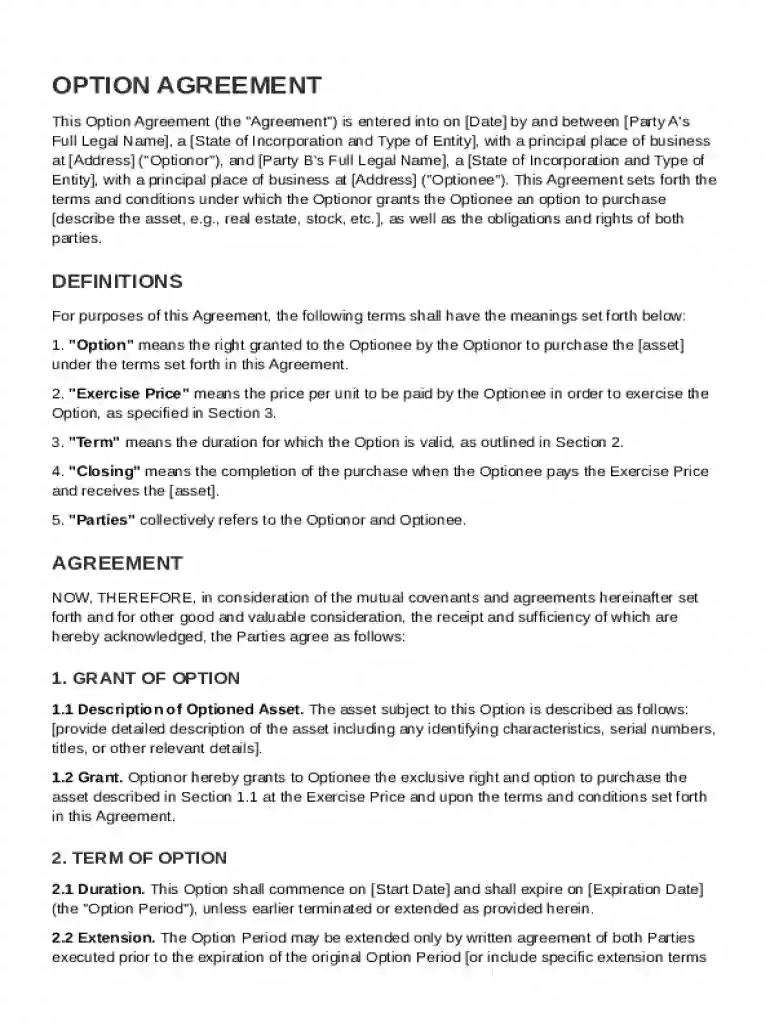Option Agreement Template Preview on Page 1