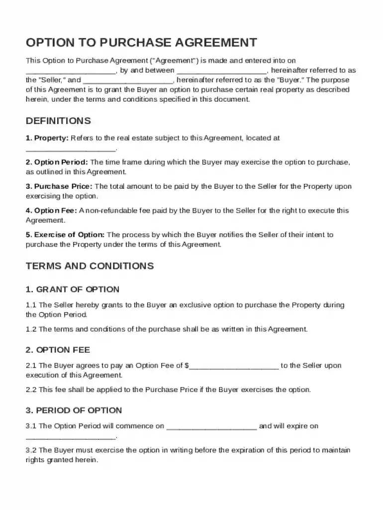 Option to Purchase Agreement Template Preview on Page 1