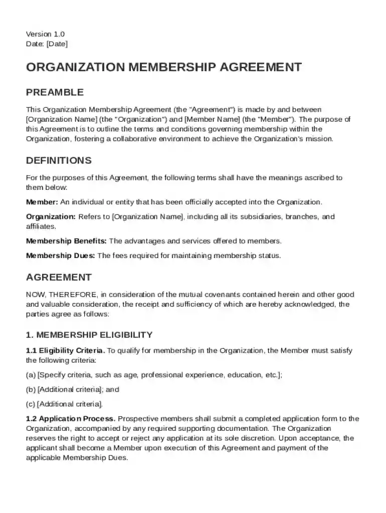Organization Membership Agreement Template Preview on Page 1
