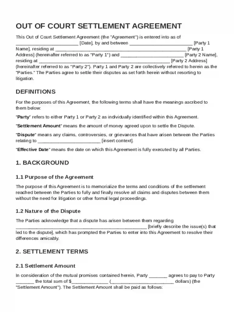 Out of Court Settlement Agreement Template Preview on Page 1