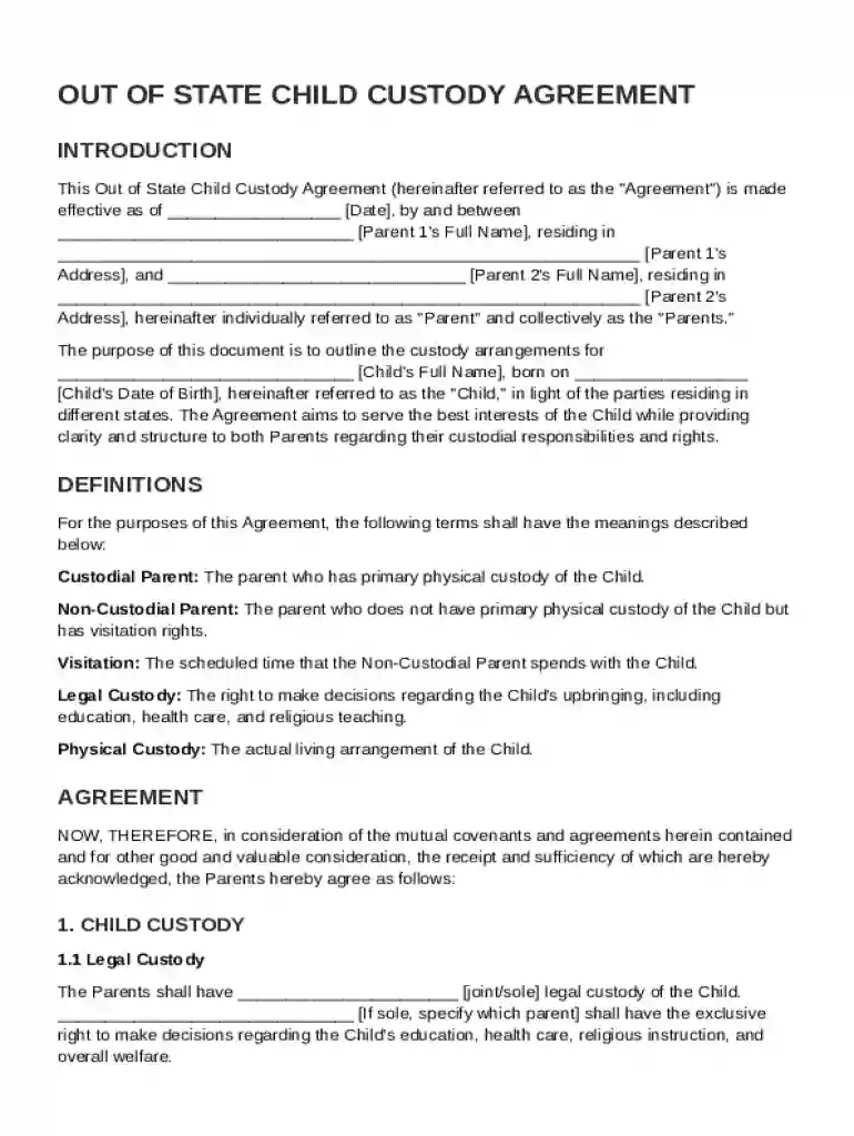 Out of State Child Custody Agreement Template Preview on Page 1