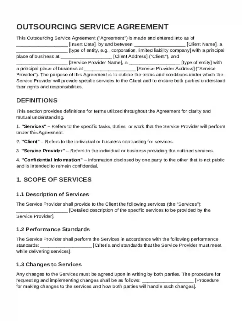 Outsourcing Service Agreement Template Preview on Page 1