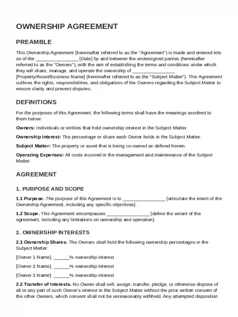 Ownership Agreement Template Preview on Page 1