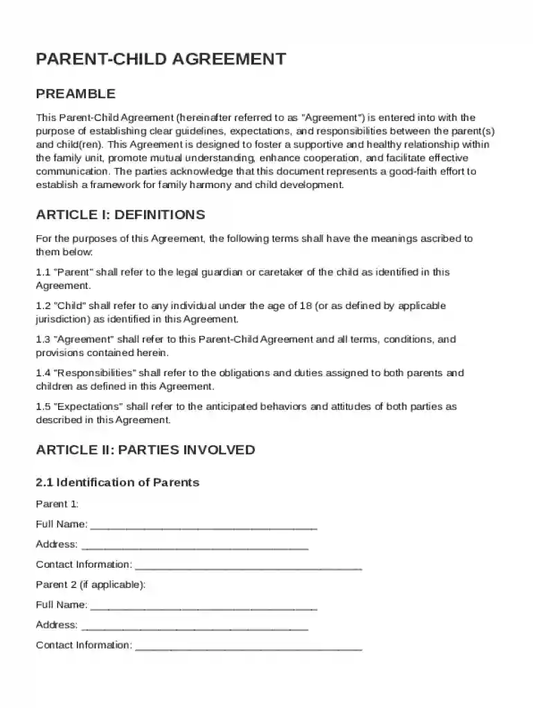 Parent Child Agreement Template Preview on Page 1