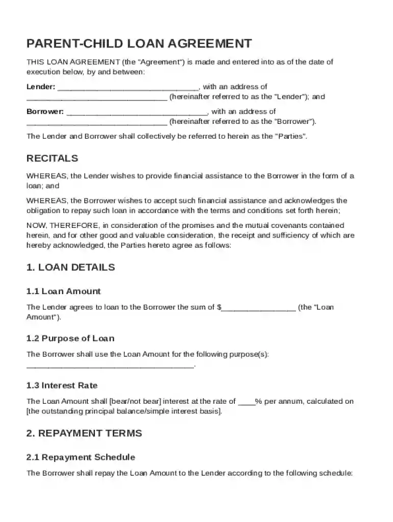 Parent Child Loan Agreement Template Preview on Page 1