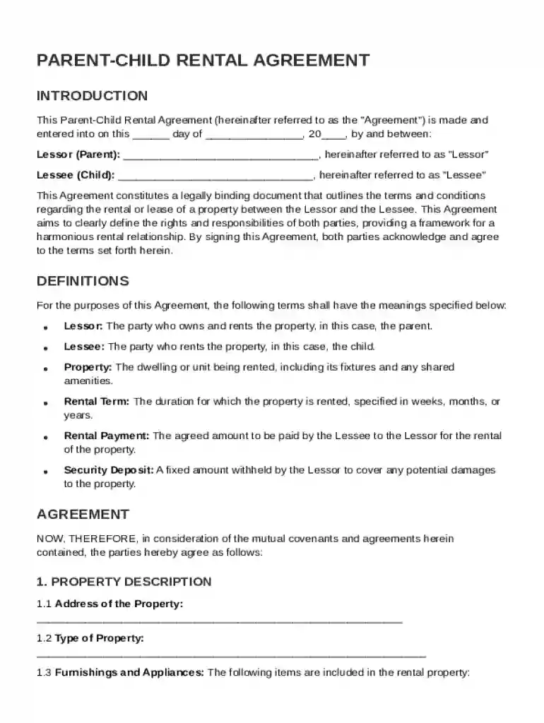 Parent Child Rental Agreement Template Preview on Page 1